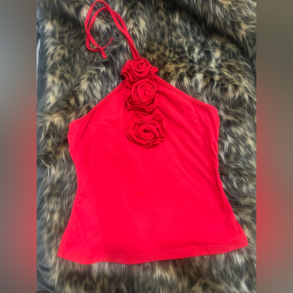 Red Halter Top with rose accents NWT never worn